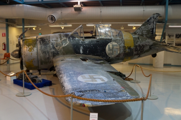 Brewester 239. It crash landed in a swamp during the 2nd world war. It still bears the bullet holes where it got hit.
